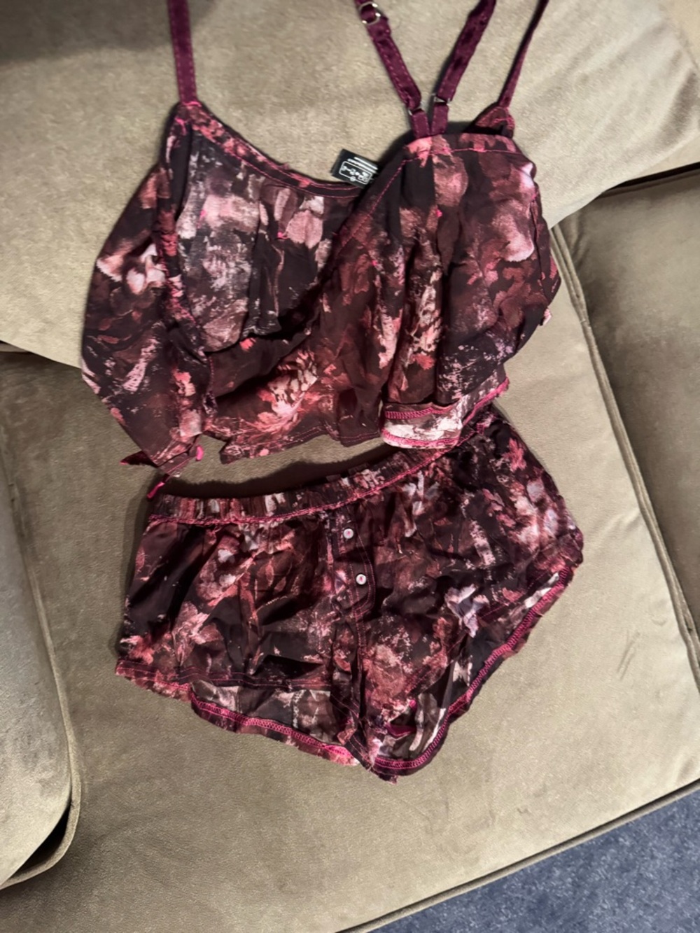 Free People Burgundy & Pink Floral Satin Cami and Short Set